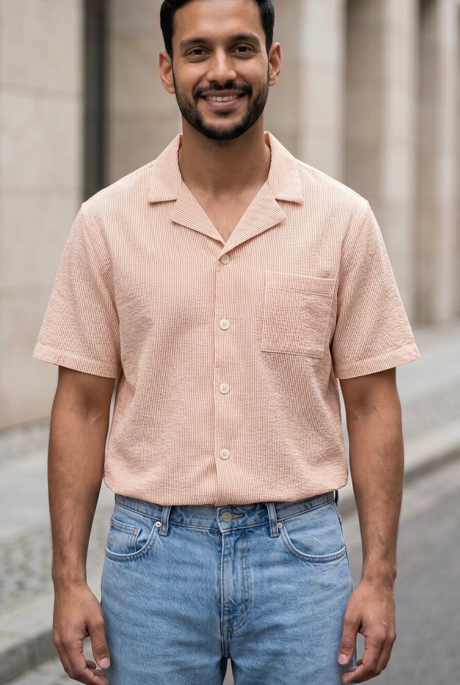 Folk Mens Shirt Sz Large Amber Stripe Bouclé Weave BCI Cotton Tactile Minimalism